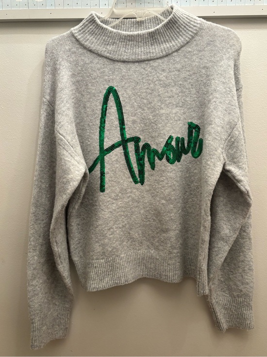 a new day Sweaters - a new day Gray Sweater with Green Sequin "Amour" Script XS